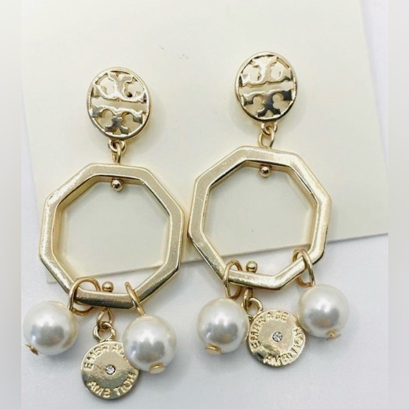 Tory Burch Gold Hexagon Earrings with Pearls NWOT Dust Bag NWOT Retail $158 Rare - Picture 4 of 5
